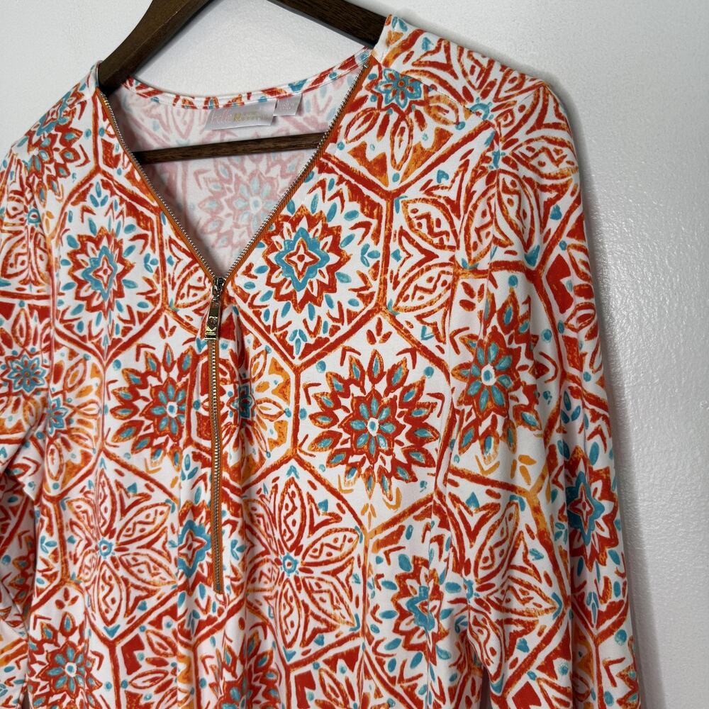 Belle Kim Gravel Tunic Top Womens Large Multicolor Geometric 1/2 Zip 3/4 Sleeve